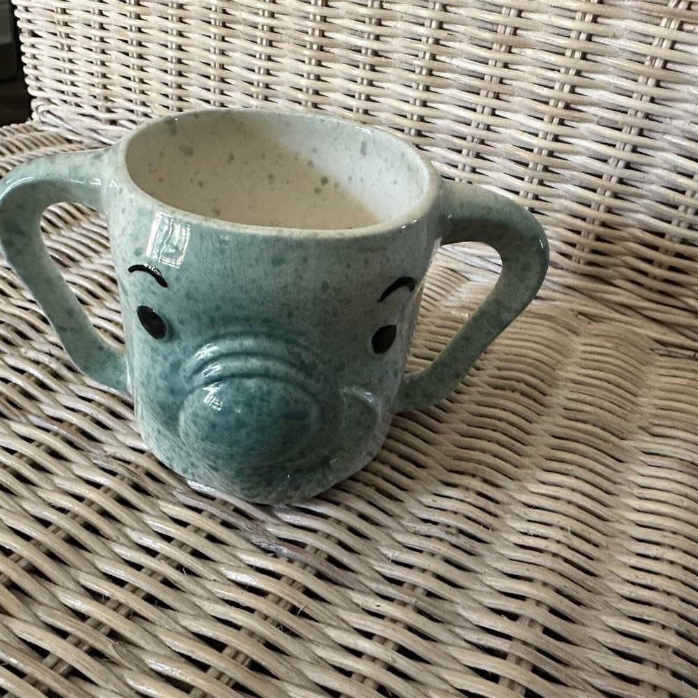 Vintage Holland Mold Elephant Mug Double Handle Child Mug Speckle Glaze